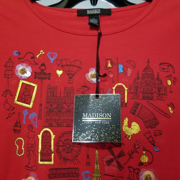 Madison Tops - Madison Montila Red Puffed Sleeve Top, Size XL, NWT